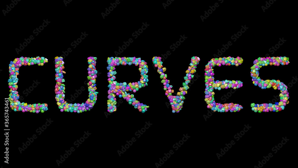Poster curves written in 3d illustration by colorful small objects casting shadow on a black background. ab