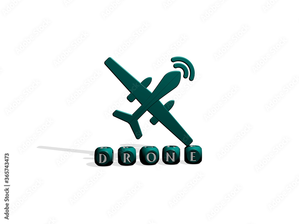 Poster 3d graphical image of drone vertically along with text built by metallic cubic letters from the top 