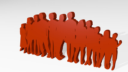 BOYS AND GIRLS STANDING TOGETHER stand with shadow. 3D illustration of metallic sculpture over a white background with mild texture. children and child