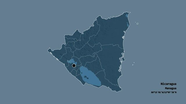 Carazo, department of Nicaragua, with its capital, localized, outlined and zoomed with informative overlays on a administrative map in the Stereographic projection. Animation 3D