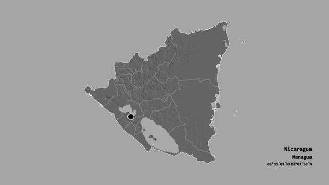 Carazo, department of Nicaragua, with its capital, localized, outlined and zoomed with informative overlays on a bilevel map in the Stereographic projection. Animation 3D