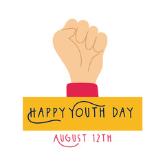 happy youth day lettering with hand fist symbol flat style