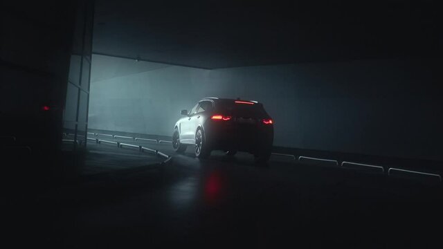 Red luxury SUV car exit dark tunnel to the lights 