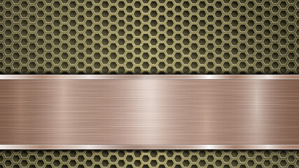 Background of golden perforated metallic surface with holes and horizontal bronze polished plate with a metal texture, glares and shiny edges