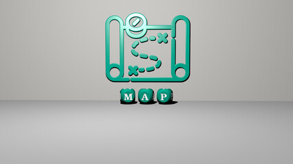 3D illustration of MAP graphics and text made by metallic dice letters for the related meanings of the concept and presentations. background and abstract