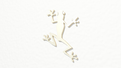 FROG CLIMBING on the wall. 3D illustration of metallic sculpture over a white background with mild texture. animal and amphibian