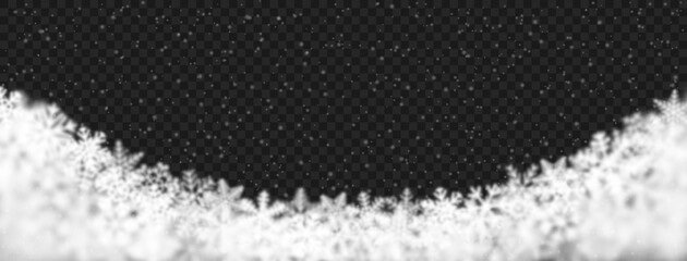 Christmas background of snowflakes of different shape, blur and transparency, located bottom, on transparent background