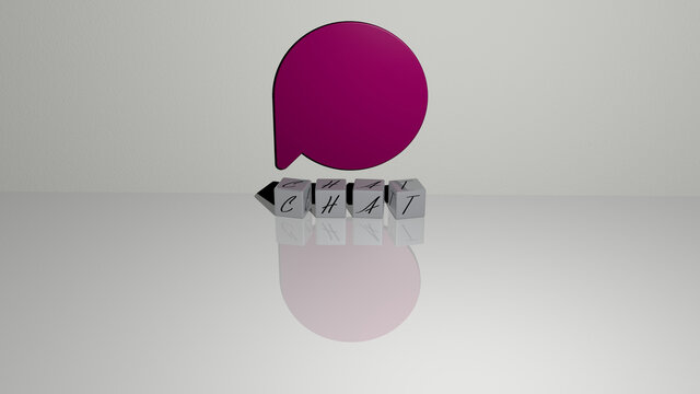 3D representation of CHAT with icon on the wall and text arranged by metallic cubic letters on a mirror floor for concept meaning and slideshow presentation. illustration and communication