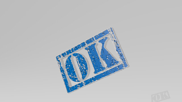 OK stamp on the wall. 3D illustration of metallic sculpture over a white background with mild texture. sign and gesture