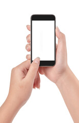Close up Young woman hand holding and touch smartphone isolated on white