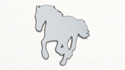 horse made by 3D illustration of a shiny metallic sculpture on a wall with light background. animal and beautiful