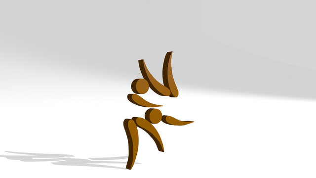 ATHLETIC WRESTLING on the wall. 3D illustration of metallic sculpture over a white background with mild texture. athlete and active