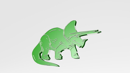 dinosaur made by 3D illustration of a shiny metallic sculpture on a wall with light background. animal and cartoon
