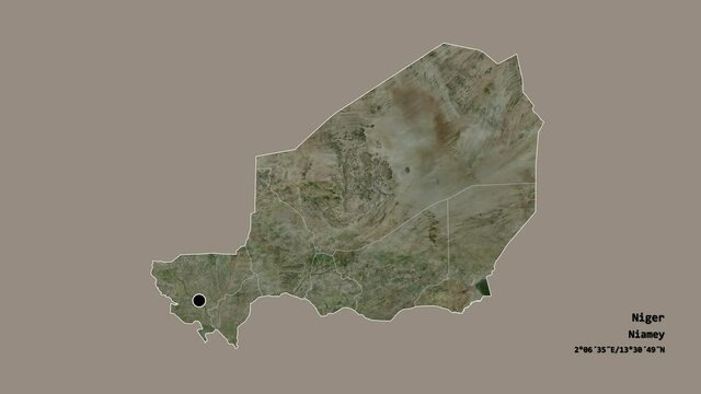 Dosso, department of Niger, with its capital, localized, outlined and zoomed with informative overlays on a satellite map in the Stereographic projection. Animation 3D