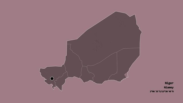 Maradi, department of Niger, with its capital, localized, outlined and zoomed with informative overlays on a administrative map in the Stereographic projection. Animation 3D