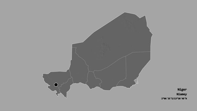 Maradi, department of Niger, with its capital, localized, outlined and zoomed with informative overlays on a bilevel map in the Stereographic projection. Animation 3D