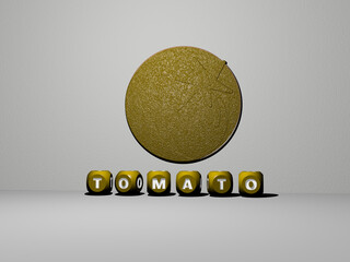 3D illustration of tomato graphics and text made by metallic dice letters for the related meanings of the concept and presentations. background and food