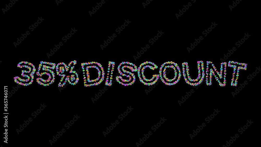 Poster % discount: 3d illustration of the text made of small objects over a black background with shadows. 