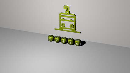 3D graphical image of TRAIN vertically along with text built by metallic cubic letters from the top perspective, excellent for the concept presentation and slideshows. station and editorial