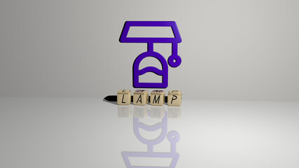 3D graphical image of LAMP vertically along with text built by metallic cubic letters from the top perspective, excellent for the concept presentation and slideshows. background and illustration