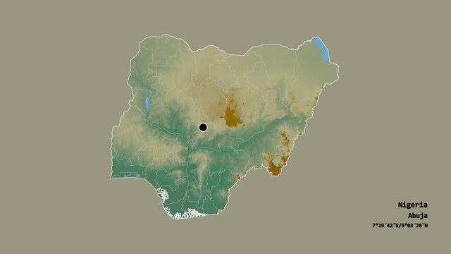 Adamawa, state of Nigeria, with its capital, localized, outlined and zoomed with informative overlays on a relief map in the Stereographic projection. Animation 3D