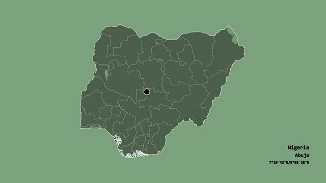 Anambra, state of Nigeria, with its capital, localized, outlined and zoomed with informative overlays on a administrative map in the Stereographic projection. Animation 3D