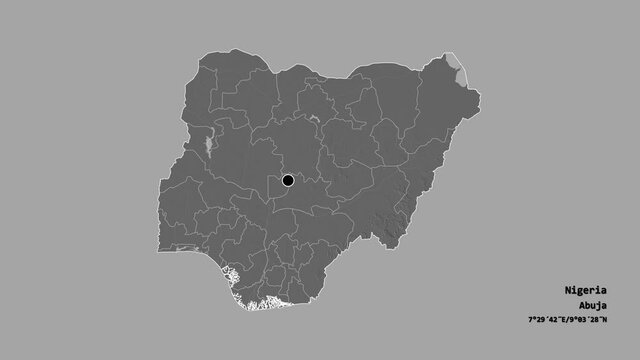 Anambra, state of Nigeria, with its capital, localized, outlined and zoomed with informative overlays on a bilevel map in the Stereographic projection. Animation 3D