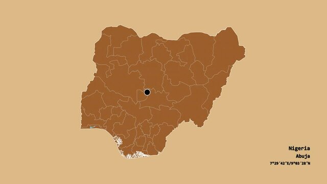 Anambra, state of Nigeria, with its capital, localized, outlined and zoomed with informative overlays on a solid patterned map in the Stereographic projection. Animation 3D