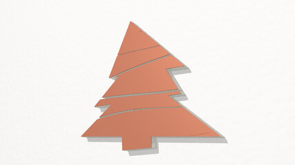 tree from a perspective on the wall. A thick sculpture made of metallic materials of 3D rendering. background and christmas