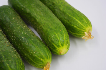 Young juicy cucumbers, Ukrainian cucumber harvest arranged on a white background. Fresh vegetables, healthy food for every day.