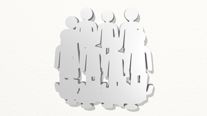 CROWD WITH QUESTION from a perspective on the wall. A thick sculpture made of metallic materials of 3D rendering. people and editorial