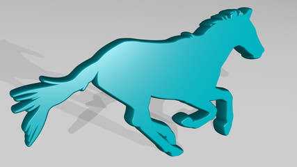 HORSE made by 3D illustration of a shiny metallic sculpture with the shadow on light background. animal and beautiful