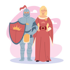 Medieval princess with red dress and knight vector design