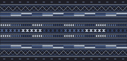 Embroidered pattern Vector illustration. Indigo and blue tone stitch on midnight blue background. Abstract stitch pattern in Thai hill tribe style. Idea for printing on fabric or wallpaper.