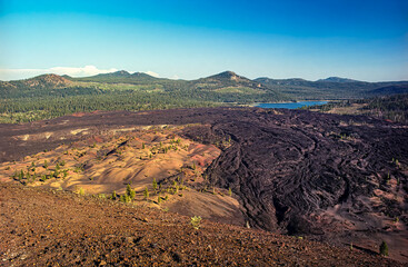 View of an ancient lava flow from the top of a cinder cone volcano