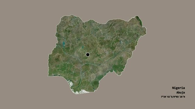 Kogi, state of Nigeria, with its capital, localized, outlined and zoomed with informative overlays on a satellite map in the Stereographic projection. Animation 3D