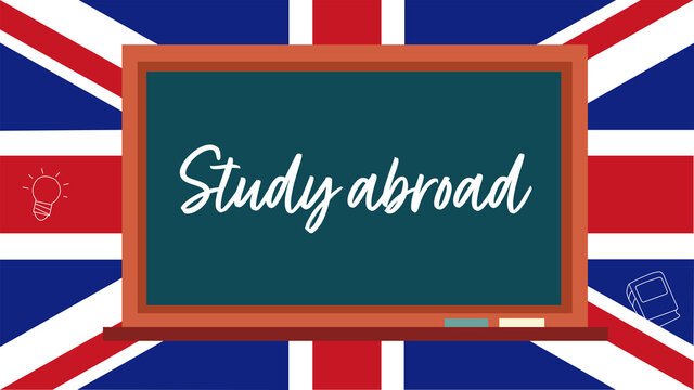 Vector Illustration of "Study Abroad" Text on a Green Board with a United Kingdom Flag in the Background.