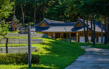 Fototapeta premium Public restrooms in tiled roof building