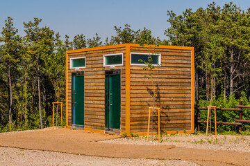Public restroom with glass doors