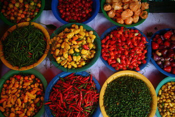 Colorful hot chili peppers in Sao Paulo Market