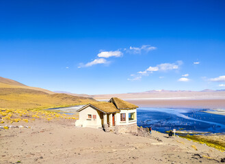Fantastic colors of the Colorado lagoon on the Altiplano plateau in Bolivia