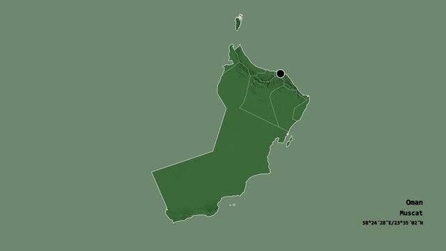 Ash Sharqiyah North, region of Oman, with its capital, localized, outlined and zoomed with informative overlays on a administrative map in the Stereographic projection. Animation 3D