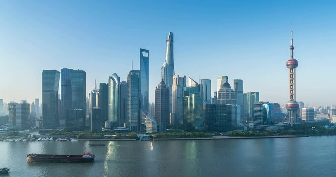 time lapse of the beautiful shanghai skyline in early morning, lujiazui financial center and huangpu river landscape, China.