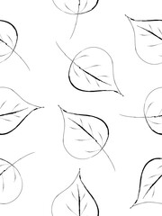 Doodle drawing style image of black and white leaf seamless background, vector illustration