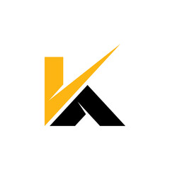 Initial letter K logo with house roof and checkmark. Modern real estate business logo. Simple flat style in black and yellow color