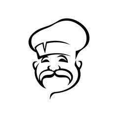 French, Italian chef black outline vector illustration. European cuisine logo design idea. Professional senior chef cook with mustache isolated contour clipart. Cooker, confectioner line art drawing