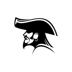 Bearded pirate with earring and captain hat isolated silhouette. Vector sea bandit, person attacking ships