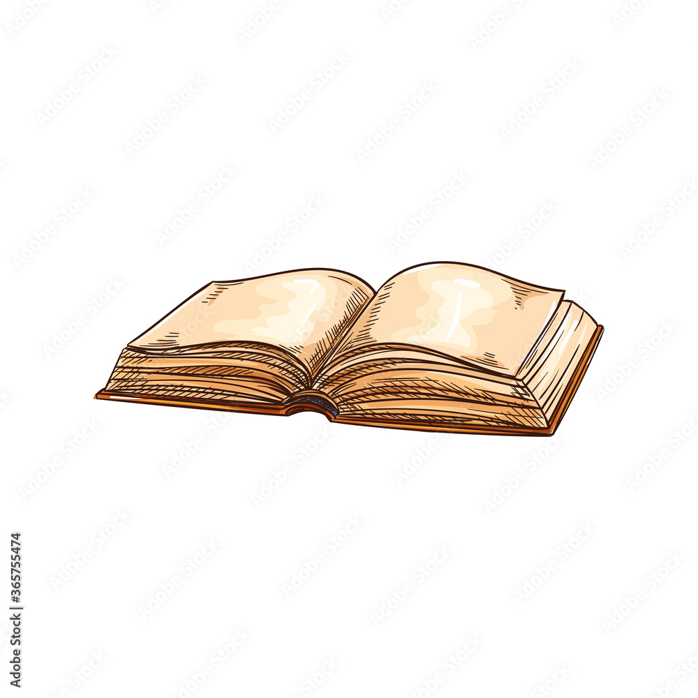 Poster grunge open book with blank dirty pages isolated sketch. vector old book in hard cover, empty page i