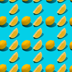 Lemon on blue seamless pattern.
