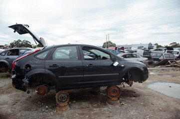 Obraz na płótnie Canvas Melbourne, Victoria / Australia - July 18 2020: Old wrecked cars in junkyard. Car recycling.
